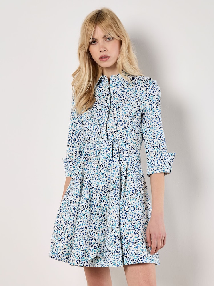 Apricot Blue Mini Leaf Poplin Tie Dress - Image 1 of 4