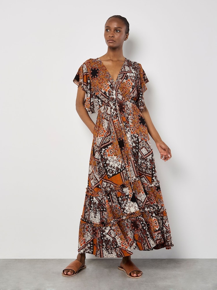Apricot Orange Patchwork Ruffle Tiered Midi Dress - Image 1 of 4