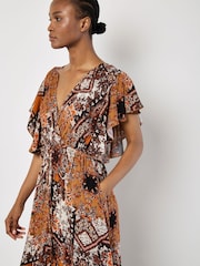 Apricot Orange Patchwork Ruffle Tiered Midi Dress - Image 2 of 4