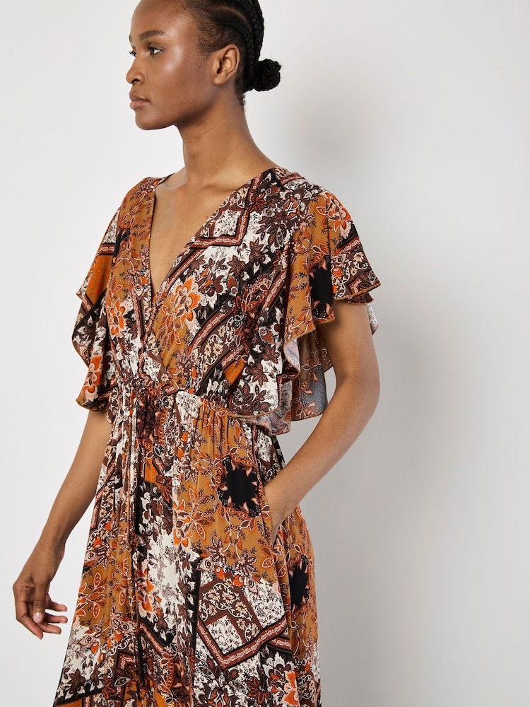 Apricot Orange Patchwork Ruffle Tiered Midi Dress - Image 2 of 4