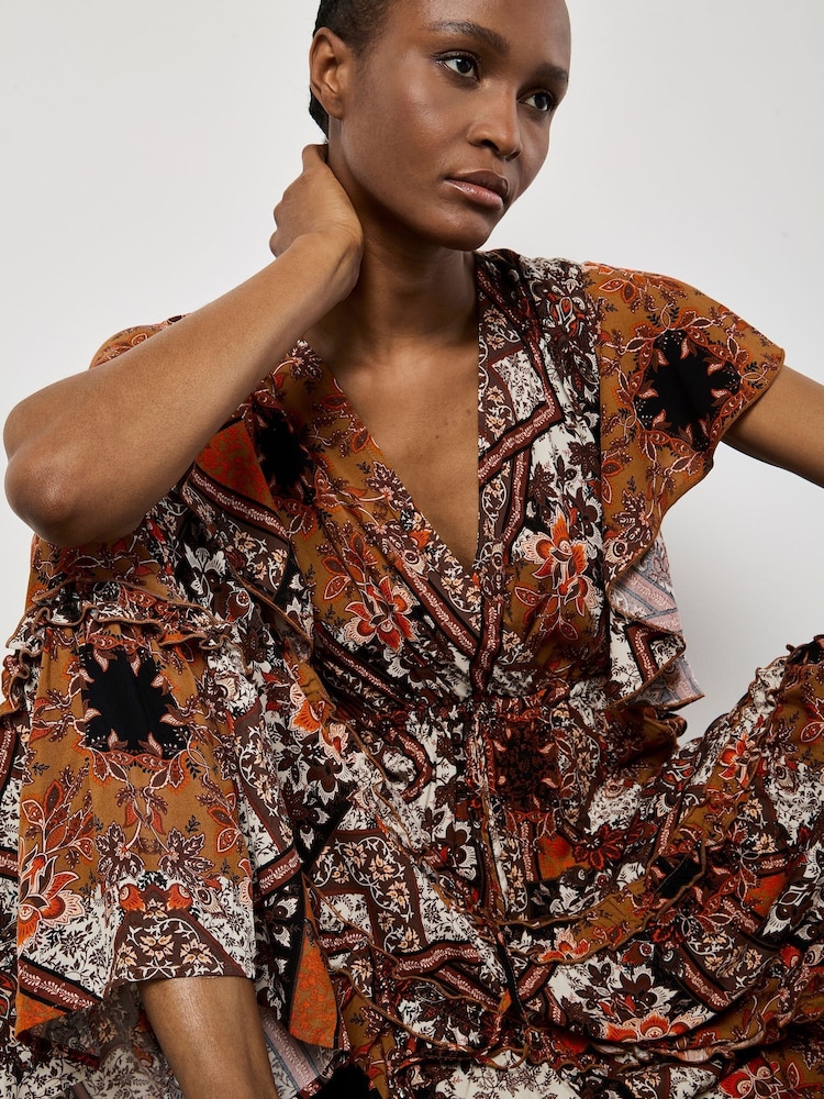 Apricot Orange Patchwork Ruffle Tiered Midi Dress - Image 4 of 4