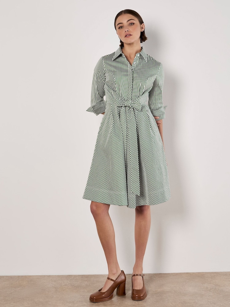 Apricot Green Tie Front Stripe Shirt Dress - Image 1 of 6