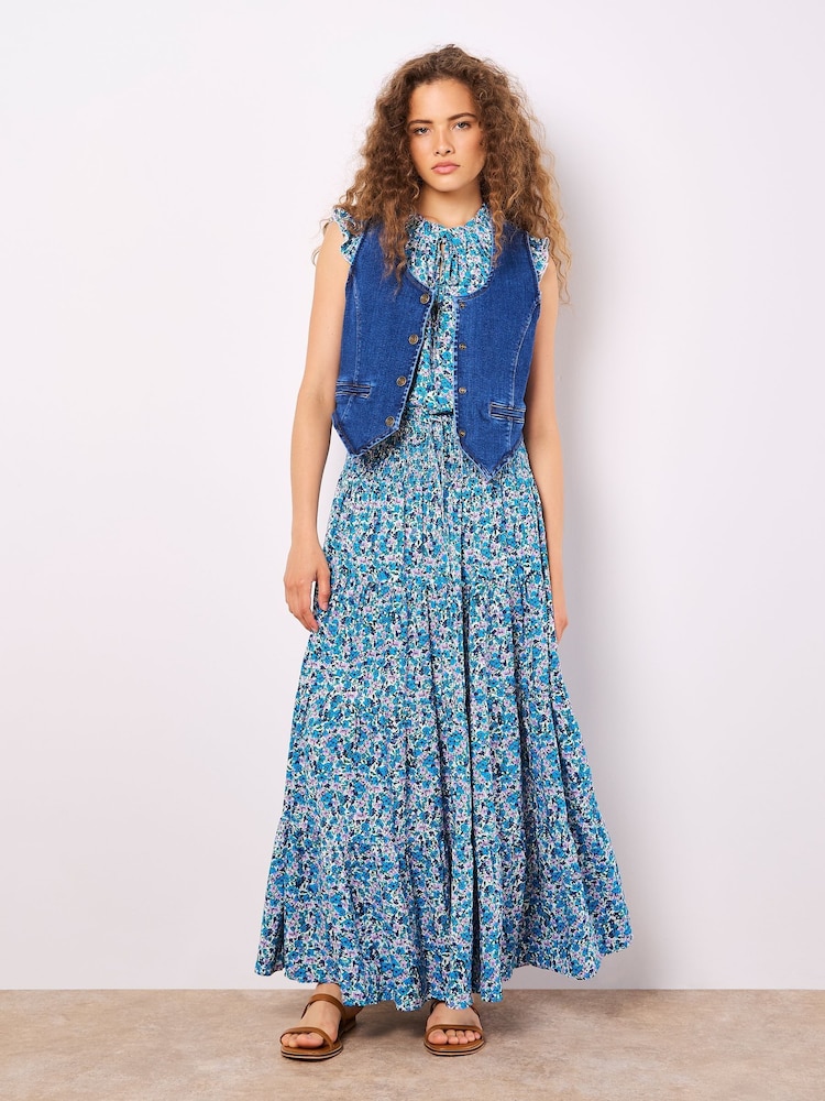 Apricot Blue Ditsy Print Tiered Maxi Skirt - Image 1 of 5