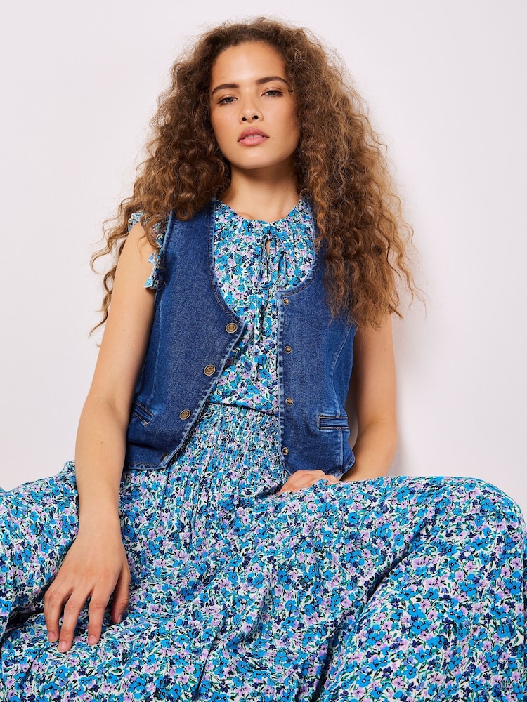 Apricot Blue Ditsy Print Tiered Maxi Skirt - Image 3 of 5
