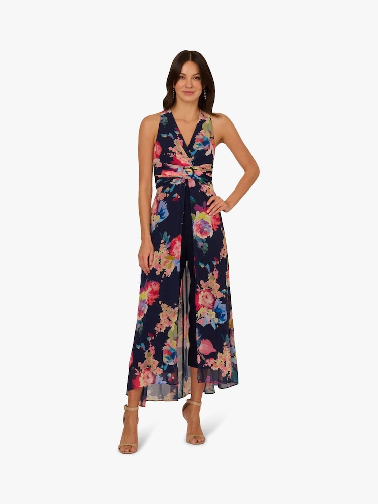 Adrianna Papell Blue Printed Chiffon Jumpsuit - Image 1 of 6 Adrianna Papell Blue Printed Chiffon Jumpsuit - Image 1 of 6