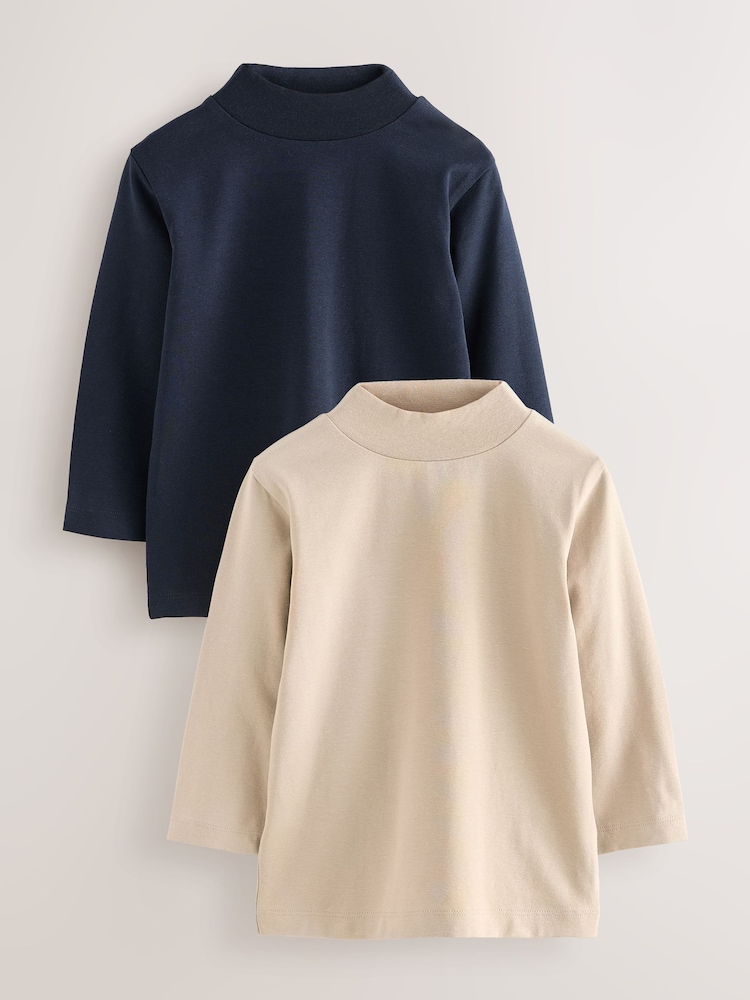 Navy/Stone Long Sleeve Turtle Neck T-Shirts 2 Pack (3mths-7yrs) - Image 1 of 6