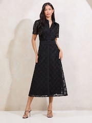 Lipsy Black Premium Lace Belted Shirt Dress - Image 1 of 4