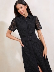 Lipsy Black Premium Lace Belted Shirt Dress - Image 2 of 4