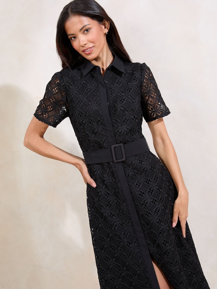 Lipsy Black Premium Lace Belted Shirt Dress - Image 2 of 4