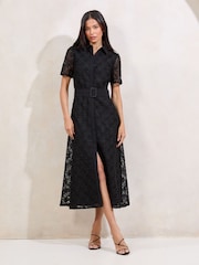 Lipsy Black Premium Lace Belted Shirt Dress - Image 3 of 4