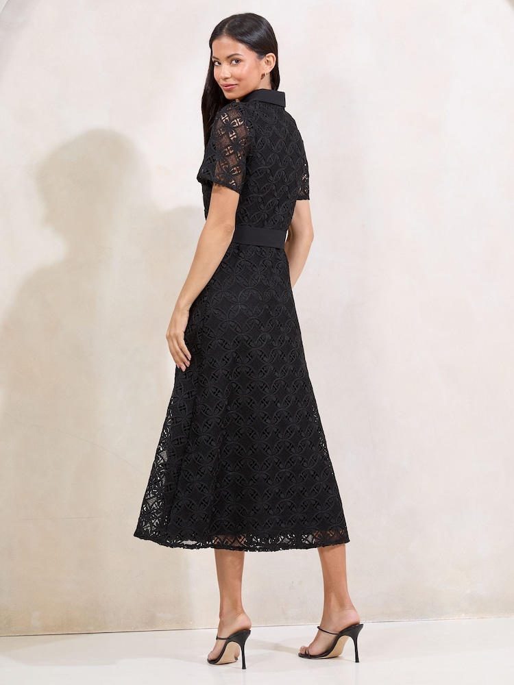 Lipsy Black Premium Lace Belted Shirt Dress - Image 4 of 4