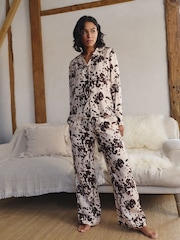 Cream Cow Print Satin Button Through Long Sleeve Pyjamas - Image 1 of 8