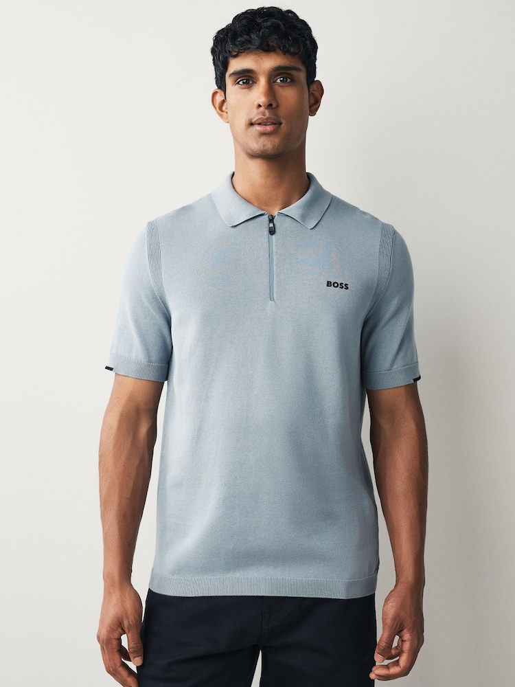 BOSS Grey Ever Zip Neck Knitted Polo Shirt - Image 1 of 5