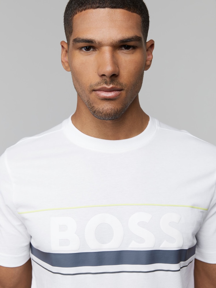 BOSS White Iconic Zone Embossed Logo Stripe Detail T-Shirt - Image 4 of 4