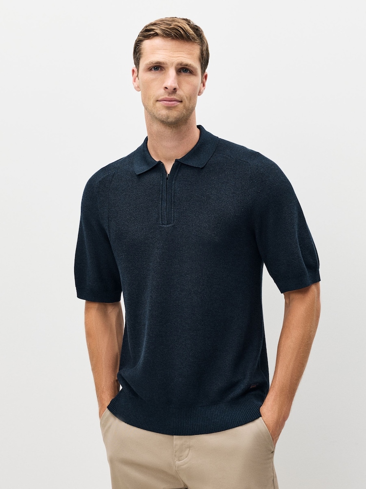 BOSS Blue Kancello Zip Neck Knitted Polo Shirt - Image 1 of 6