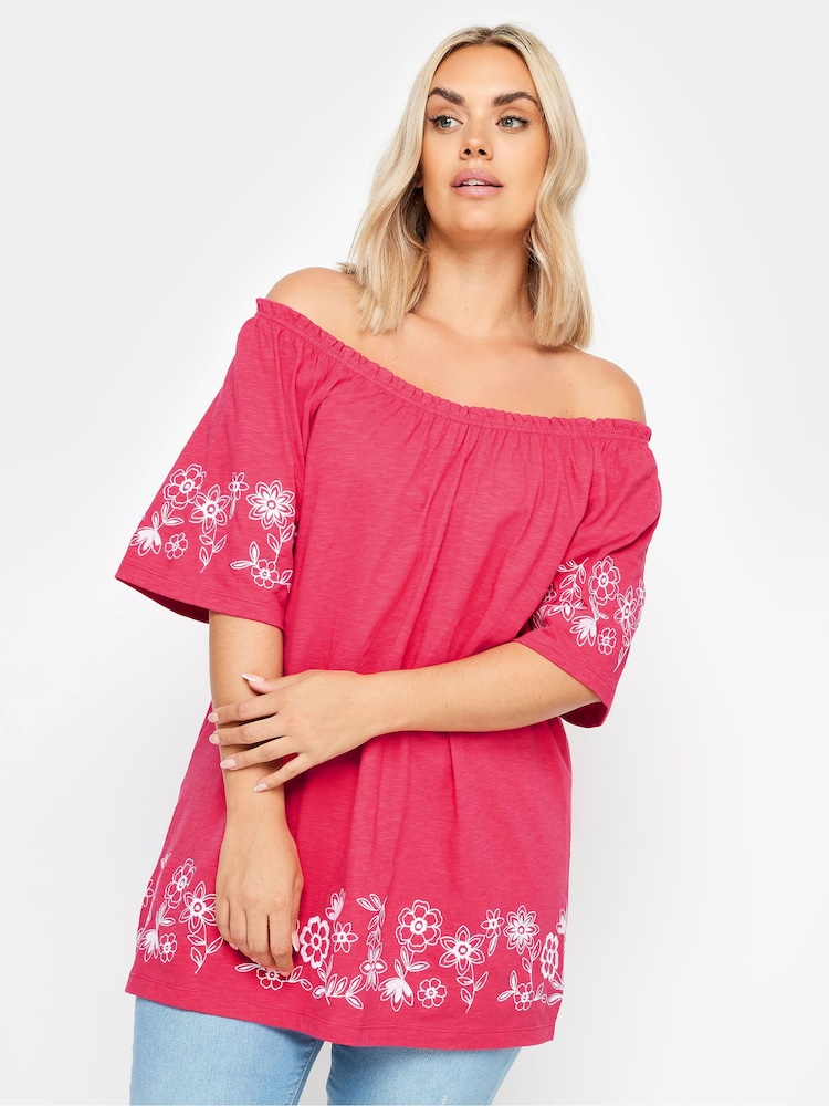 Pink - Yours Curve Bardot-Top mit Stickereidetail aus 100 % Baumwolle - Bild 1 von 6 Pink - Yours Curve Bardot-Top mit Stickereidetail aus 100 % Baumwolle - Bild 1 von 6