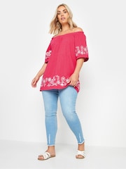 Yours Curve Pink 100% Cotton Embroidered Detail Bardot Top - Image 2 of 6