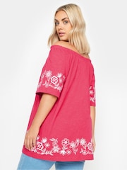 Yours Curve Pink 100% Cotton Embroidered Detail Bardot Top - Image 3 of 6