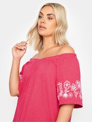 Yours Curve Pink 100% Cotton Embroidered Detail Bardot Top - Image 4 of 6