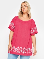 Yours Curve Pink 100% Cotton Embroidered Detail Bardot Top - Image 5 of 6