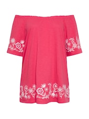 Yours Curve Pink 100% Cotton Embroidered Detail Bardot Top - Image 6 of 6