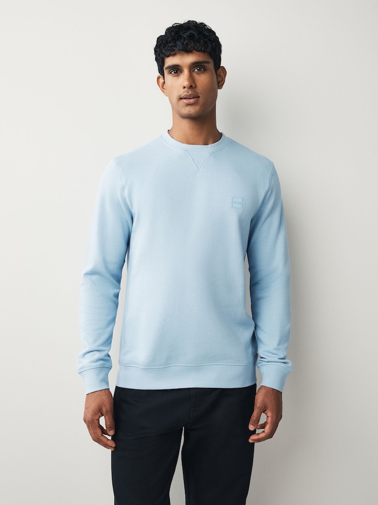 BOSS Blue Westart Crew Neck Logo Sweat Top Jumper - Image 1 of 4 BOSS Blue Westart Crew Neck Logo Sweat Top Jumper - Image 1 of 4