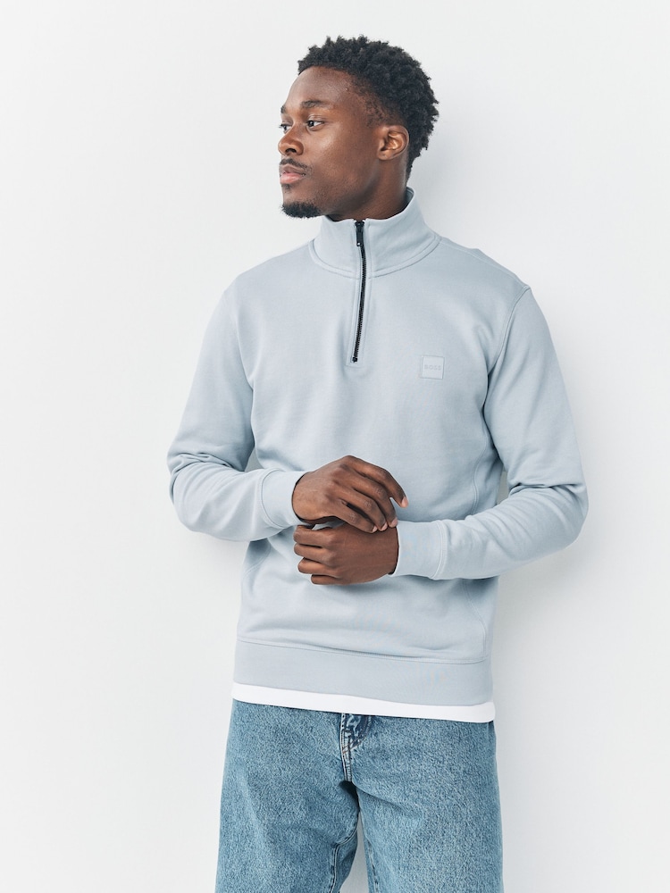 BOSS Blue Chrome Zetrust Quarter Zip Sweat Top - Image 1 of 8 BOSS Blue Chrome Zetrust Quarter Zip Sweat Top - Image 1 of 8