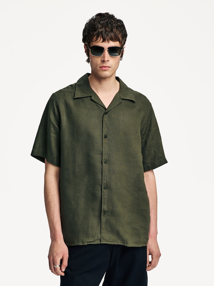 NN.07 Green Julio Camp Collar Linen Short Sleeve Shirt - Image 1 of 7