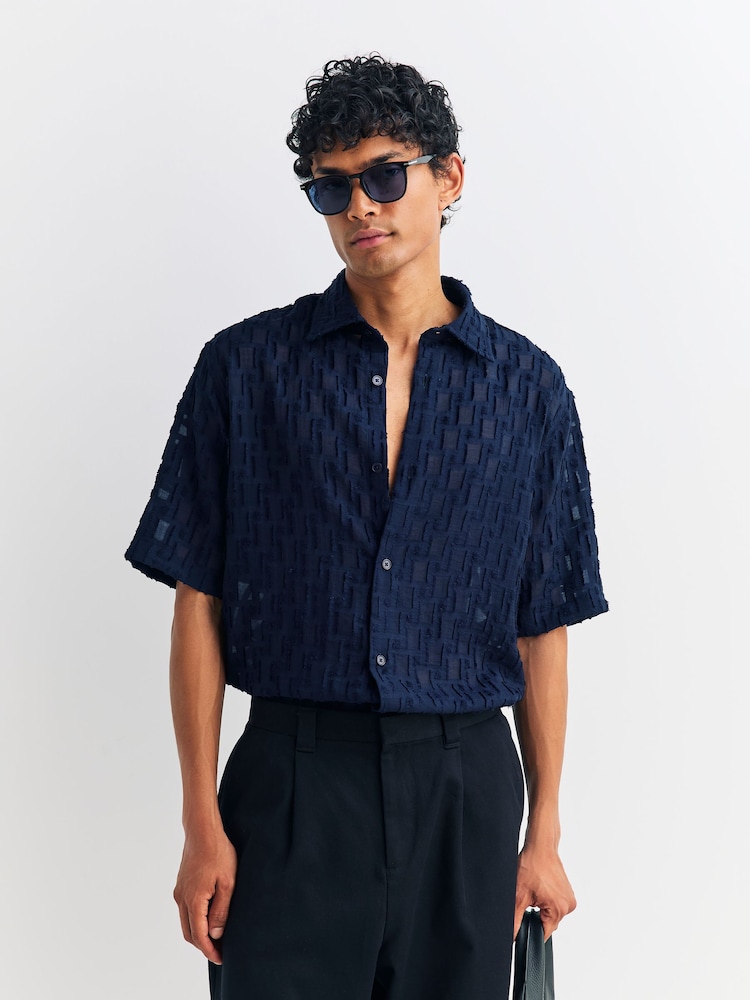 NN.07 Blue Freddy All Over Pattern Jacquard Short Sleeve Shirt - Image 1 of 9 NN.07 Blue Freddy All Over Pattern Jacquard Short Sleeve Shirt - Image 1 of 9