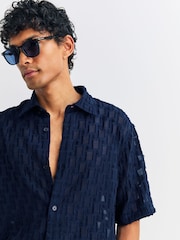 NN.07 Blue Freddy All Over Pattern Jacquard Short Sleeve Shirt - Image 5 of 9