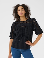 Kaffe KArandy Short Sleeve Cut-Out 100% Cotton Black Blouse - Image 1 of 6