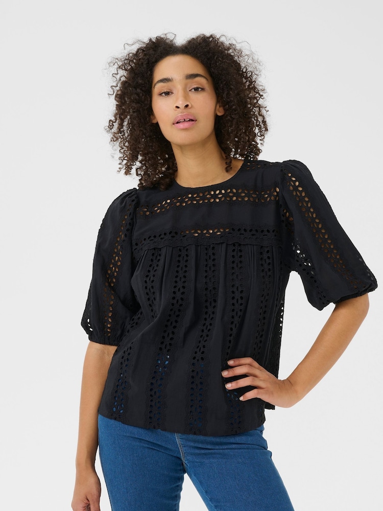 Kaffe KArandy Short Sleeve Cut-Out 100% Cotton Black Blouse - Image 1 of 6