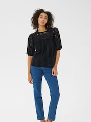 Kaffe KArandy Short Sleeve Cut-Out 100% Cotton Black Blouse - Image 3 of 6