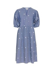 Soaked in Luxury Blue SLElly Josie Long Sleeve 100% Cotton Midi Dress - Image 1 of 2