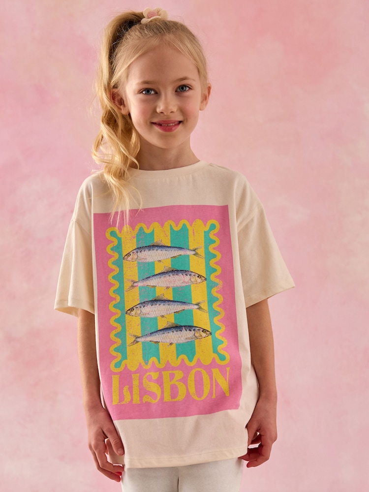 Ecru/Pink Sardine Oversized Graphic Print T-Shirt (3-16yrs) - Image 1 of 2 Ecru/Pink Sardine Oversized Graphic Print T-Shirt (3-16yrs) - Image 1 of 2