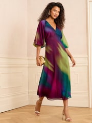 Love & Roses Multi Ombre Printed V-Neck Puff Sleeve Midi Dress - Image 1 of 4