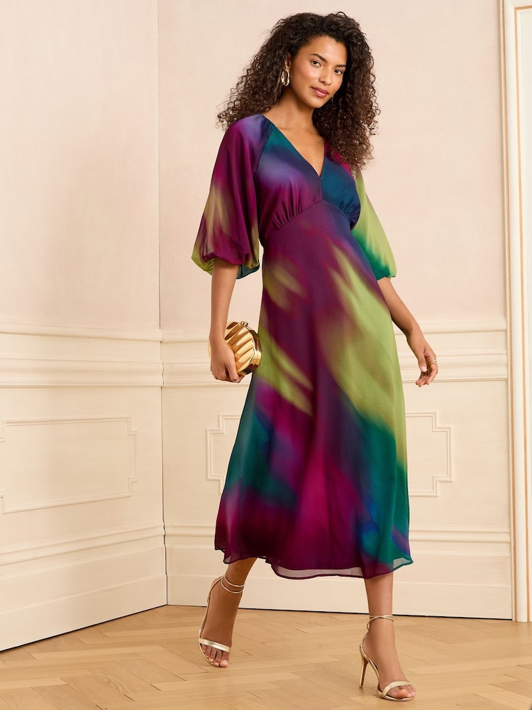 Love & Roses Multi Ombre Printed V-Neck Puff Sleeve Midi Dress - Image 1 of 4