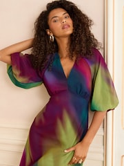 Love & Roses Multi Ombre Printed V-Neck Puff Sleeve Midi Dress - Image 2 of 4