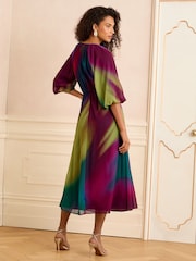 Love & Roses Multi Ombre Printed V-Neck Puff Sleeve Midi Dress - Image 3 of 4