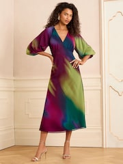 Love & Roses Multi Ombre Printed V-Neck Puff Sleeve Midi Dress - Image 4 of 4
