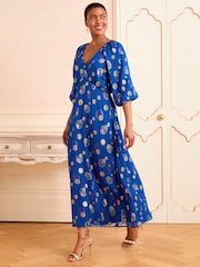 Love & Roses Cobalt Blue Spot Metallic Puff Sleeve Midi Dress - Image 1 of 4