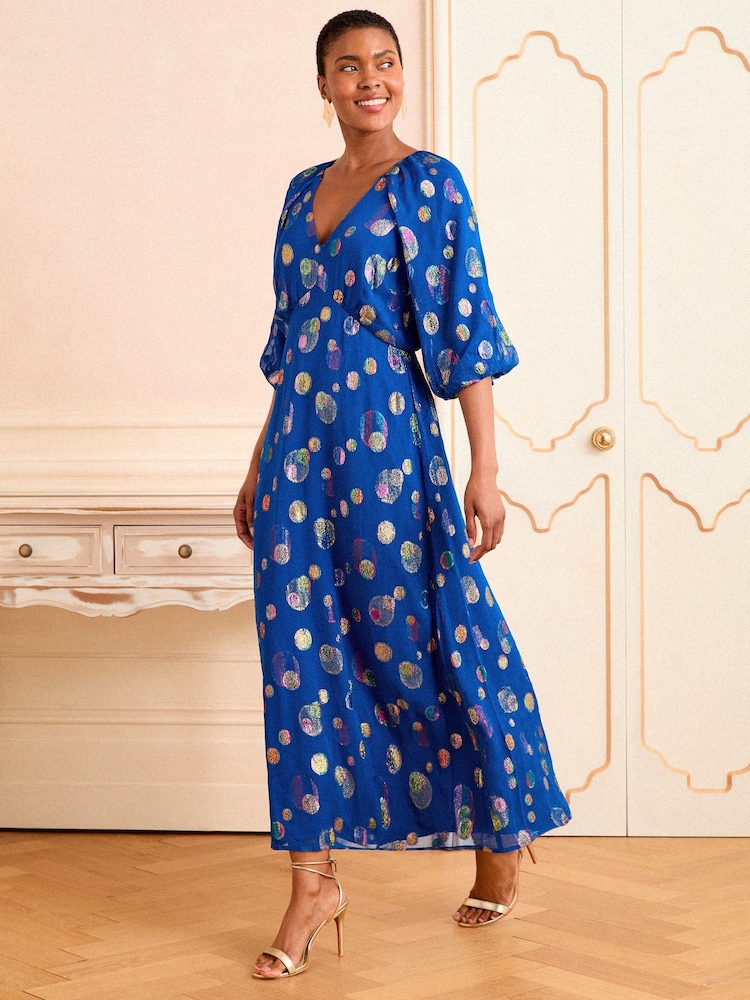 Love & Roses Cobalt Blue Spot Metallic Puff Sleeve Midi Dress - Image 1 of 4 Love & Roses Cobalt Blue Spot Metallic Puff Sleeve Midi Dress - Image 1 of 4