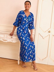 Love & Roses Cobalt Blue Spot Metallic Puff Sleeve Midi Dress - Image 2 of 4