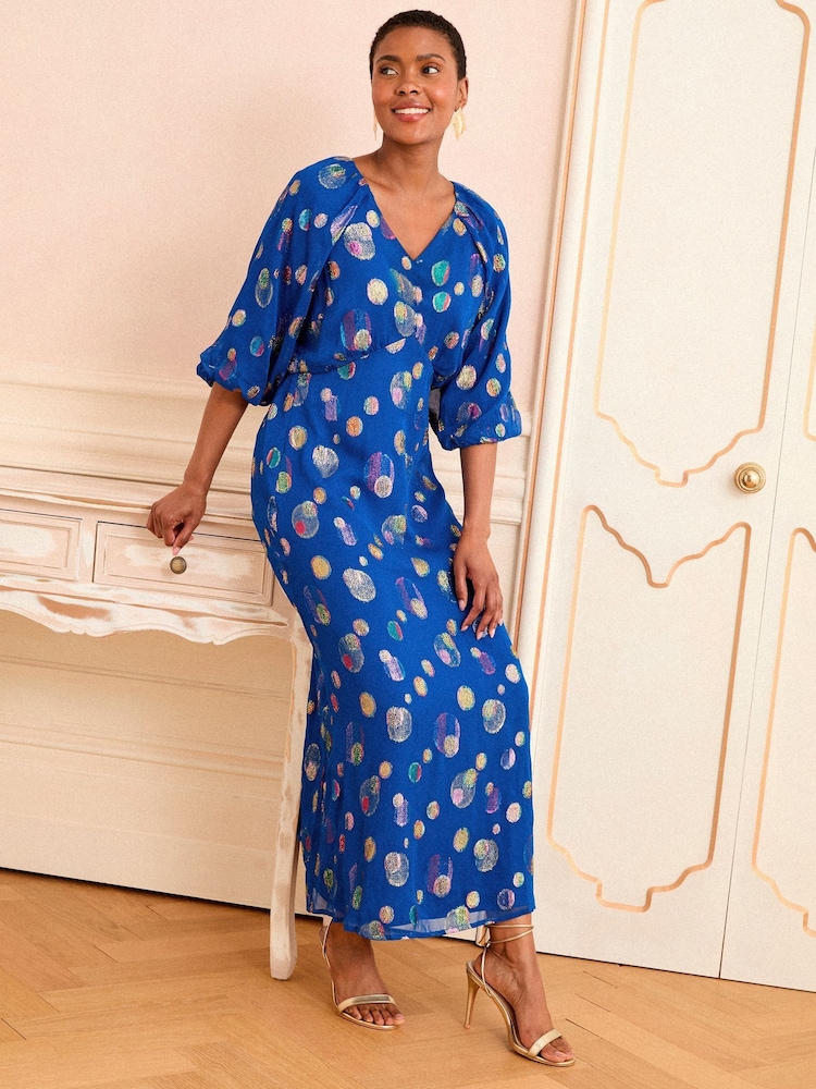 Love & Roses Cobalt Blue Spot Metallic Puff Sleeve Midi Dress - Image 2 of 4 Love & Roses Cobalt Blue Spot Metallic Puff Sleeve Midi Dress - Image 2 of 4