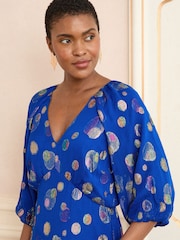 Love & Roses Cobalt Blue Spot Metallic Puff Sleeve Midi Dress - Image 3 of 4