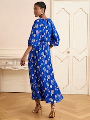 Love & Roses Cobalt Blue Spot Metallic Puff Sleeve Midi Dress - Image 4 of 4
