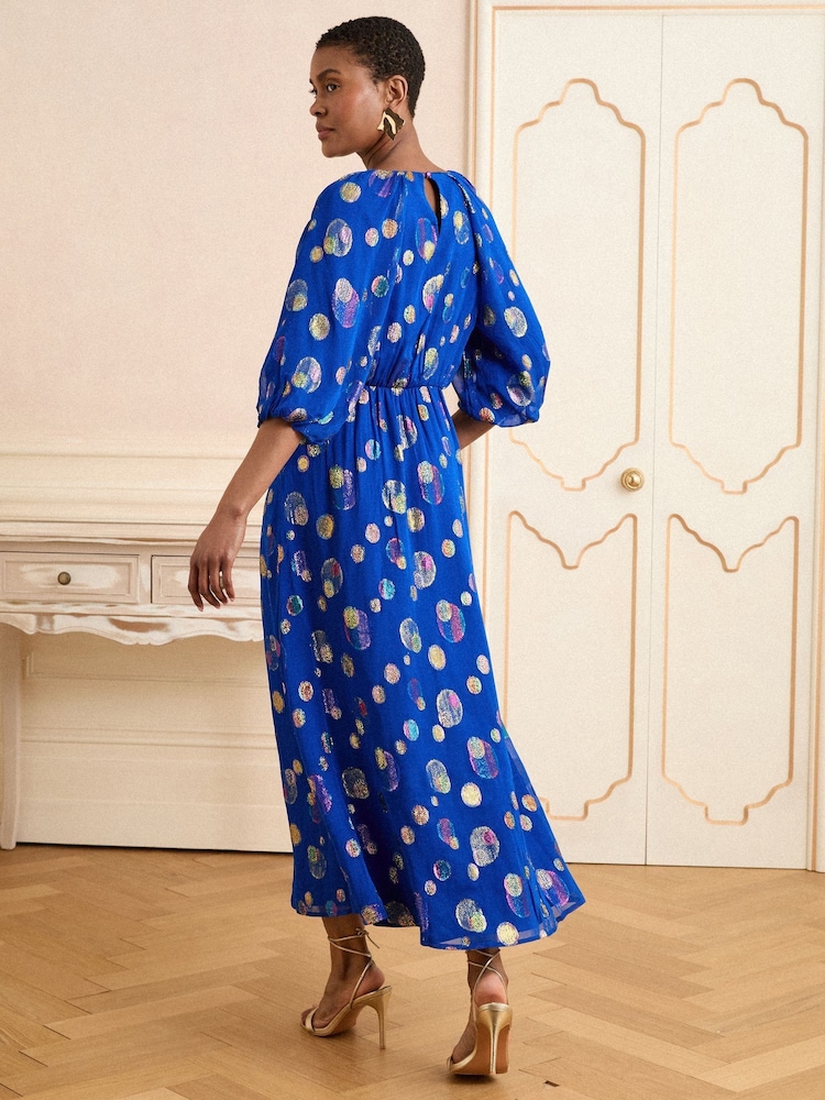 Love & Roses Cobalt Blue Spot Metallic Puff Sleeve Midi Dress - Image 4 of 4 Love & Roses Cobalt Blue Spot Metallic Puff Sleeve Midi Dress - Image 4 of 4