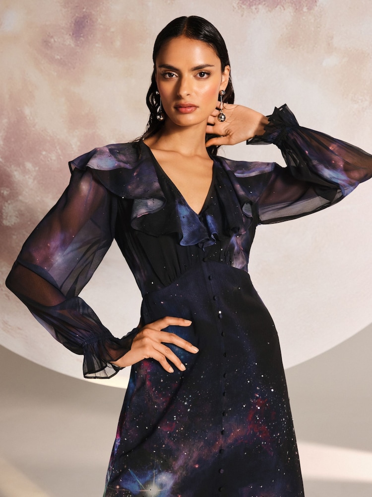 Love & Roses Navy Galactical Ruffle Sequin Midi Dress - Image 2 of 4