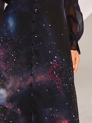 Love & Roses Navy Galactical Ruffle Sequin Midi Dress - Image 3 of 4