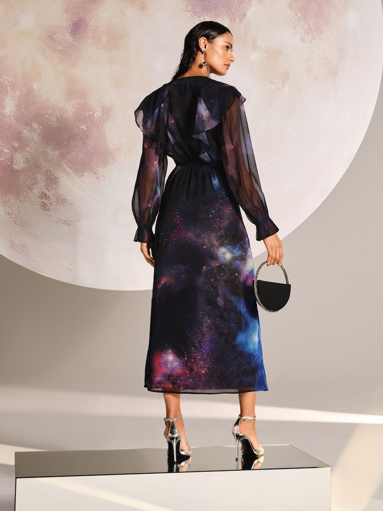 Love & Roses Navy Galactical Ruffle Sequin Midi Dress - Image 4 of 4